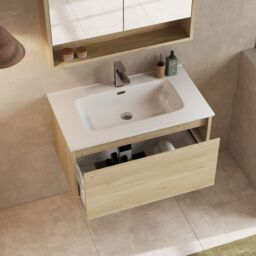 Banyetti Mino 800mm Wall Hung Vanity Unit with Athena Basin- Natural Oak in Light Oak