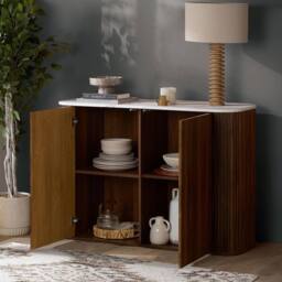 Birlea Kagu 2 Door Sideboard Fluted Ribbed Walnut & Marble effect - thumbnail 2