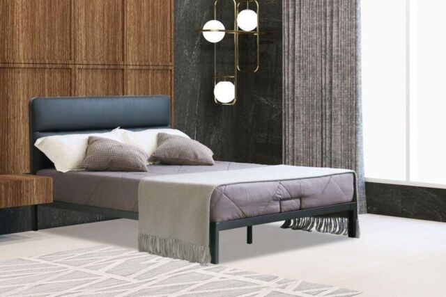 Comfy Living Ltd Metal Bedframe with Faux Leather Headboard in Black - Size: King