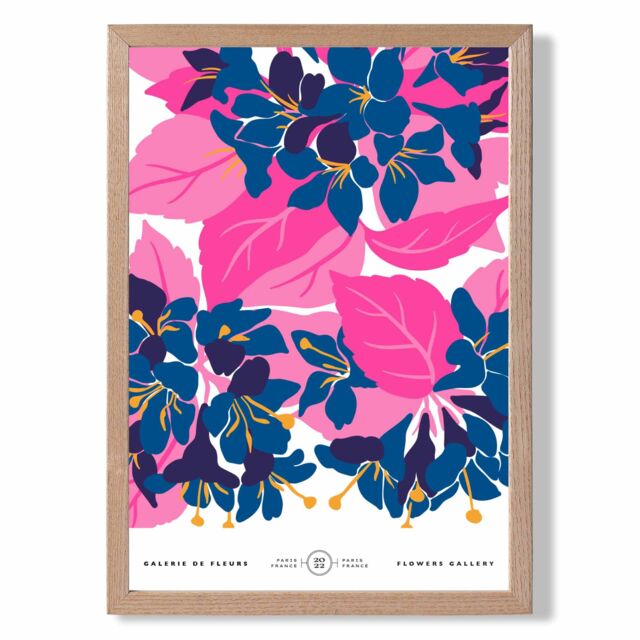 ARTZE Abstract Blue & Pink Blossom Flower Market Gallery Framed Print SIZE: A2 with Oak Frame in Mid Blue - Size: A3 - image 1