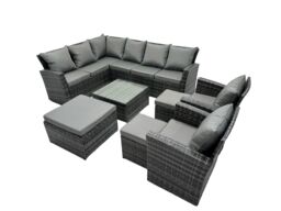 Fimous 11 Seat Poly Rattan Corner Sofa Set with 3 Stool 2 Chairs in Dark Grey - thumbnail 2