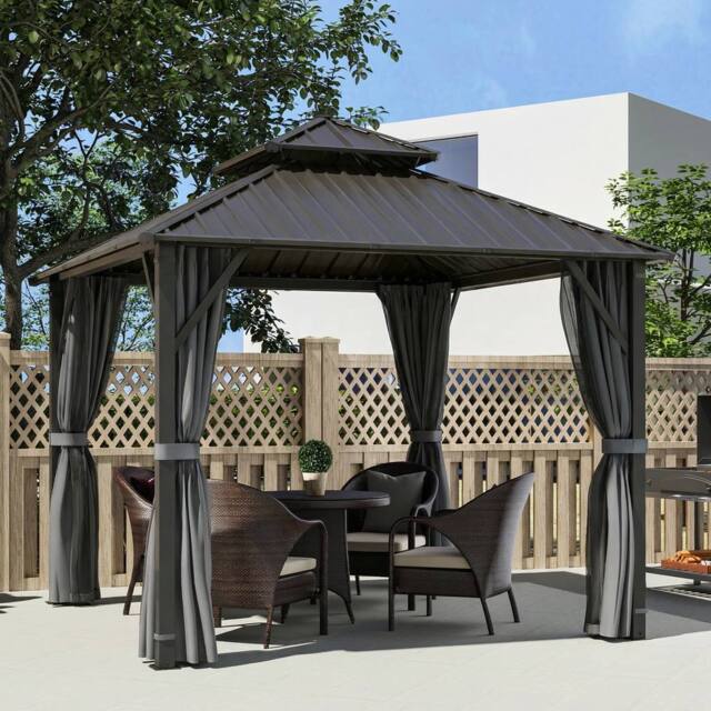 OUTSUNNY 3 x 3(m) Hardtop Gazebo with Metal Roof, Netting & Curtains, Grey - Size: 3m x 3m