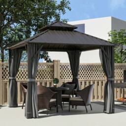 OUTSUNNY 3 x 3(m) Hardtop Gazebo with Metal Roof, Netting & Curtains, Grey - Size: 3m x 3m - thumbnail 1