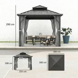 OUTSUNNY 3 x 3(m) Hardtop Gazebo with Metal Roof, Netting & Curtains, Grey - Size: 3m x 3m - thumbnail 3