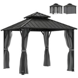 OUTSUNNY 3 x 3(m) Hardtop Gazebo with Metal Roof, Netting & Curtains, Grey - Size: 3m x 3m - thumbnail 2