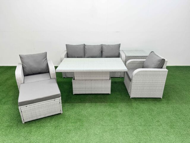 Fimous PE Rattan Garden Furniture Set Reclining Chair Sofa Lounge Sofa Set Adjustable Lifting Dining or Coffee Table Side Table Big Footstool Light - image 1