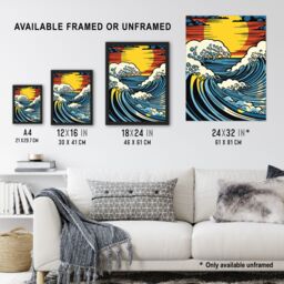 "Artery8 The Great Wave Modern Seascape Artwork Comic Book Pop Art Sunset Art Print Framed Poster Wall Decor 12x16 inch in Black - Size: W12"" x H16""" - thumbnail 3