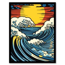 "Artery8 The Great Wave Modern Seascape Artwork Comic Book Pop Art Sunset Art Print Framed Poster Wall Decor 12x16 inch in Black - Size: W12"" x H16""" - thumbnail 1
