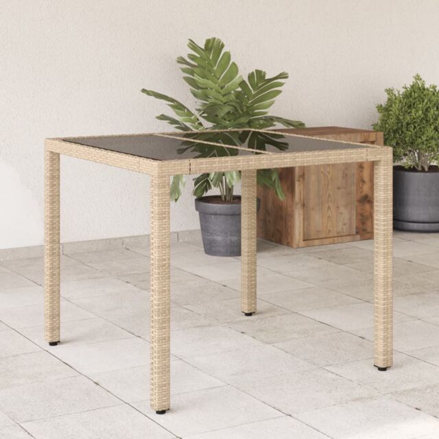 Berkfield Home Garden Table with Glass Top Beige 90x90x75 cm Poly Rattan - Size: 90 x 90 x 75 cm - image 1
