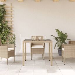 Berkfield Home Garden Table with Glass Top Beige 90x90x75 cm Poly Rattan - Size: 90 x 90 x 75 cm - thumbnail 3