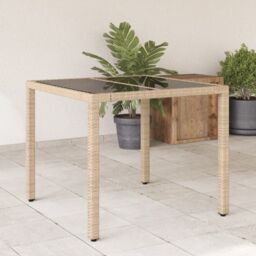 Berkfield Home Garden Table with Glass Top Beige 90x90x75 cm Poly Rattan - Size: 90 x 90 x 75 cm - thumbnail 1