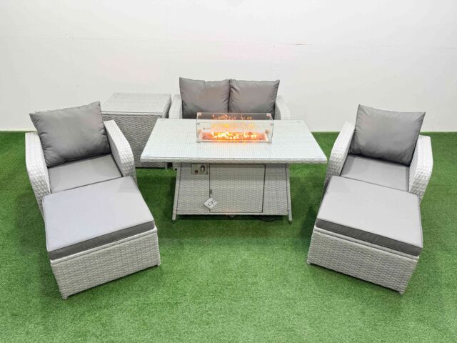 Fimous Light Grey PE Wicker Rattan Garden Furniture Set Sofa Set Reclining Chair Firepit Dining Table 6 Seater 2 Big Stools Side Table - image 1