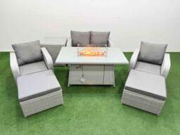 Fimous Light Grey PE Wicker Rattan Garden Furniture Set Sofa Set Reclining Chair Firepit Dining Table 6 Seater 2 Big Stools Side Table - thumbnail 2