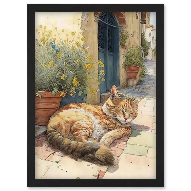 Artery8 Cat Sunbathing in Mediterranean Village Street Watercolour Illustration Artwork Framed Wall Art Print A4 in Black - image 1