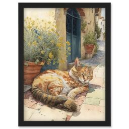 Artery8 Cat Sunbathing in Mediterranean Village Street Watercolour Illustration Artwork Framed Wall Art Print A4 in Black - thumbnail 1