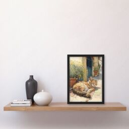 Artery8 Cat Sunbathing in Mediterranean Village Street Watercolour Illustration Artwork Framed Wall Art Print A4 in Black - thumbnail 2