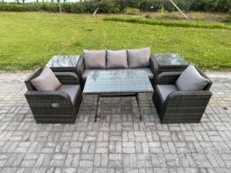 Fimous Rattan Wicker Garden Furniture Patio Conservatory Sofa Set with Dining Table Reclining Chair 2 Side Tables in Dark Grey - thumbnail 2