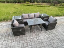 Fimous Rattan Wicker Garden Furniture Patio Conservatory Sofa Set with Dining Table Reclining Chair 2 Side Tables in Dark Grey - thumbnail 1