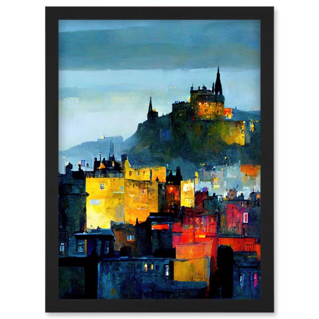 Artery8 Colourful Modern Edinburgh Castle Cityscape Acrylic Painting Artwork Framed Wall Art Print A4 in Black - image 1