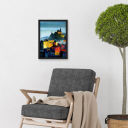 Artery8 Colourful Modern Edinburgh Castle Cityscape Acrylic Painting Artwork Framed Wall Art Print A4 in Black - thumbnail 2