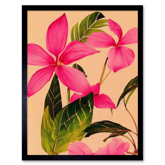 "Artery8 Wall Art Print Exotic Pink Plumeria Flower Plant Blooms Watercolour Pencil Art Framed in Black - Size: W12"" x H16""" - image 1
