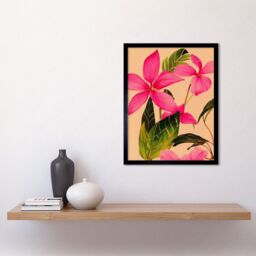 "Artery8 Wall Art Print Exotic Pink Plumeria Flower Plant Blooms Watercolour Pencil Art Framed in Black - Size: W12"" x H16""" - thumbnail 2
