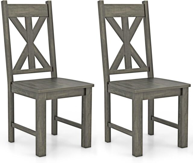 Gymax Wooden Dining Chairs Set of 2 Side Chairs Hollowed Backrest Wood Legs in Grey - image 1