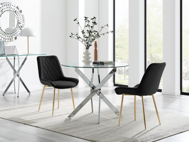 FurnitureboxUK Novara 100cm Round Dining Table & 2 Pesaro Gold Leg Chairs in Black - image 1