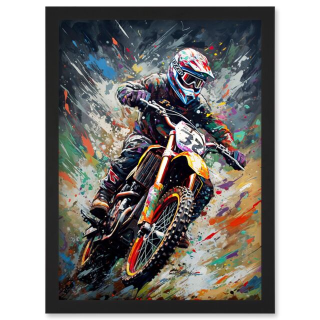 Artery8 Motocross Race Action Shot Paint Splat Portrait Artwork Framed Wall Art Print A4 in Black - image 1