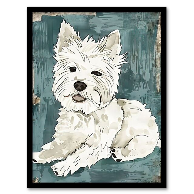 "Artery8 Dog Lover White West Highland Terrier Portrait Framed Wall Art in Blue - Size: W12"" x H16""" - image 1
