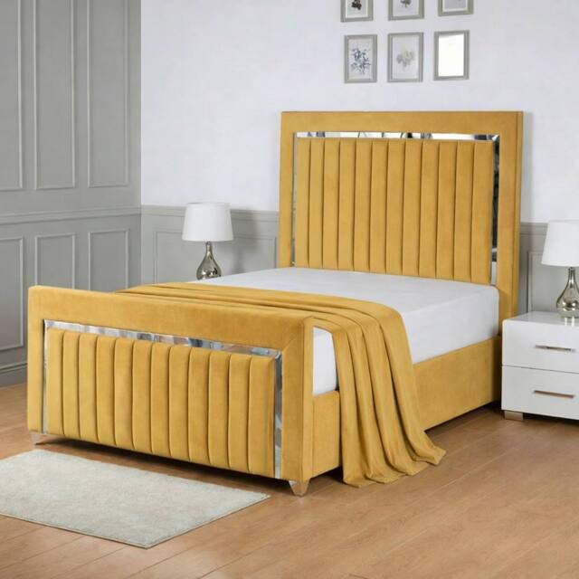 Living Comfort Bedz Chrome Edge Upholstered Slatted Base Bed with 48 Inch Headboard in Mustard - Size: Super King - image 1