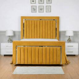 Living Comfort Bedz Chrome Edge Upholstered Slatted Base Bed with 48 Inch Headboard in Mustard - Size: Super King - thumbnail 2