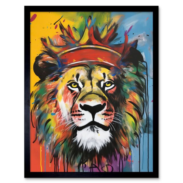 "Artery8 Wall Art Print King of the Jungle Lion with Crown Modern Pop Art Framed in Black - Size: W12"" x H16""" - image 1