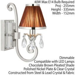 Loops Esher Luxury Single Curved Arm Traditional Wall Light Nickel Crystal Brown Shade in Metallics - thumbnail 2