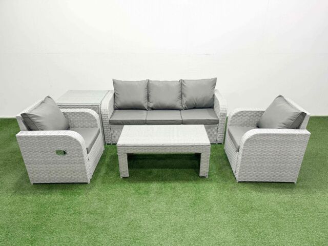 Fimous PE Rattan Garden Furniture Set Reclining Chair Sofa Lounge Sofa Set Rectangular Coffee Table Side Table Light Grey - image 1
