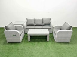 Fimous PE Rattan Garden Furniture Set Reclining Chair Sofa Lounge Sofa Set Rectangular Coffee Table Side Table Light Grey - thumbnail 2