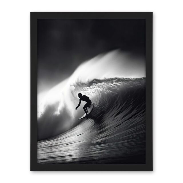 "Artery8 Wall Art Print Surfer Riding a Big Wave Black & White Photo Large Framed Wall Décor Art - Size: W18"" x H24""" - image 1