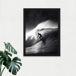 "Artery8 Wall Art Print Surfer Riding a Big Wave Black & White Photo Large Framed Wall Décor Art - Size: W18"" x H24""" - thumbnail 2