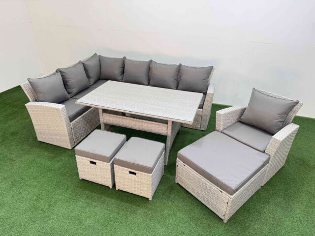 Fimous 10 Seater Rattan Garden Furniture Set Dining Table Chair 3 Footstools in Light Grey - image 1