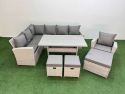 Fimous 10 Seater Rattan Garden Furniture Set Dining Table Chair 3 Footstools in Light Grey - thumbnail 2