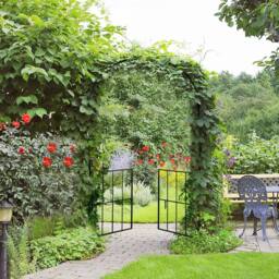 Costway 2.3M Tall Garden Arch Arbor Trellis w/ Gate Heavy-Duty Metal Arbour Archway in Black - thumbnail 3