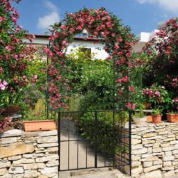 Costway 2.3M Tall Garden Arch Arbor Trellis w/ Gate Heavy-Duty Metal Arbour Archway in Black - thumbnail 6