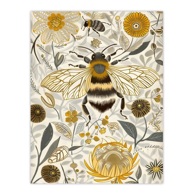 "Artery8 Honey Bee Flowers Bright Stylised Floral Design Wall Art Print in Yellow - Size: W24"" x H32""" - image 1