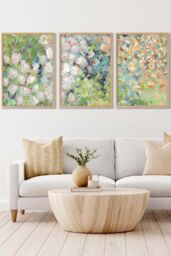 ARTZE Set of 3 Oak Framed Abstract Cottage Garden Flowers in Green Wall Art - Size: W45 cm x H62 cm x D20mm