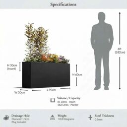Access Garden Products 90cm Long Zinc Galvanised Polished Black 60cm Tall Trough Planter - thumbnail 9