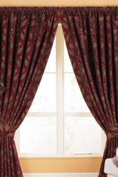 Paoletti Shiraz Traditional Jacquard Pencil Pleat Curtains in Burgundy - Size: 229 cm width x 229 cm drop - thumbnail 1