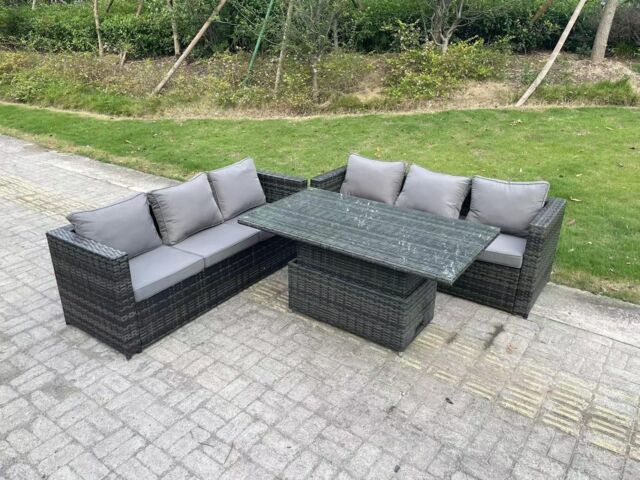 Fimous 6 Seater Outdoor Rattan Sofa Set Garden Furniture Adjustable Rising Lifting Dining Table Dark Grey - image 1