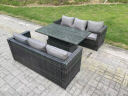 Fimous 6 Seater Outdoor Rattan Sofa Set Garden Furniture Adjustable Rising Lifting Dining Table Dark Grey - thumbnail 3