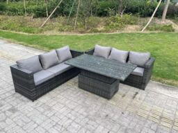 Fimous 6 Seater Outdoor Rattan Sofa Set Garden Furniture Adjustable Rising Lifting Dining Table Dark Grey - thumbnail 2