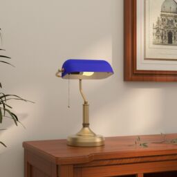 HOMCOM Banker's Table Lamp w/ Antique Bronze Tone Base in Blue - thumbnail 1